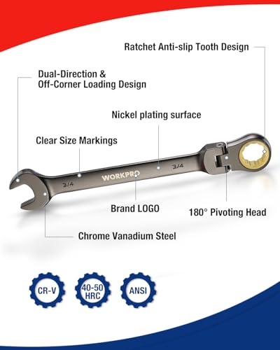 WORKPRO 8-piece Flex-Head Ratcheting Combination Wrench Set, SAE 5/16-3/4 in, 72-Teeth, CR-V Constructed, Nickel Plating with Organizer Bag - size: SAE, style: Nickel Plating
