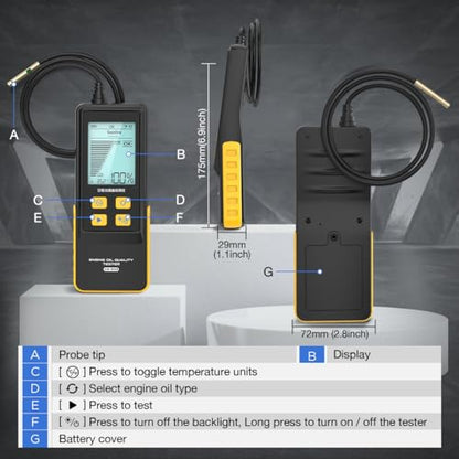 Engine Oil Tester Gasoline & Diesel Engine Oil Quality Tester Analyzer Detector High-precision Car Engine Oil Diagnostic Tool with 50inch Flexible Probe,Identifier&Sound Prompt,2.8in Backlight Display - color: Yellow