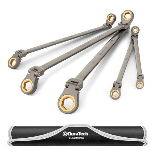 DURATECH Extra Long Anti-Slip Flex-Head Ratcheting Wrench Set, 5-Piece, SAE | Double Box End, 1/4" to 13/16", 72-Tooth, 5° Swing Arc, for Tight Spaces, CR-V Steel, Grey Nickel Plated, EVA Foam Organizer