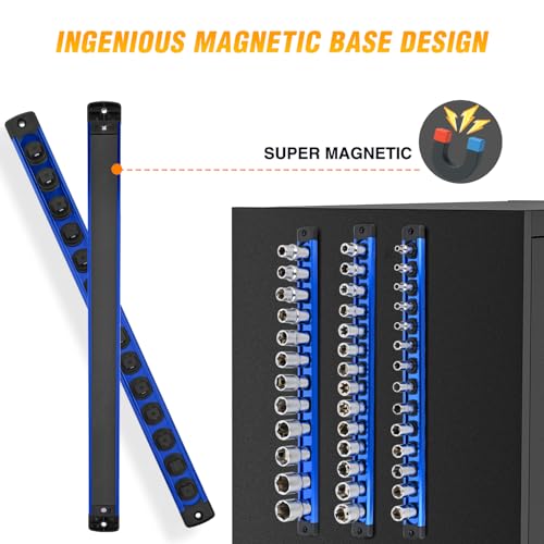 GOOACC Magnetic Socket Organizer 1/4" 3/8" 1/2" Socket Holder Set Heavy Duty Aluminum Socket Rail Organizers for Tool Box Drawer, 3 Pieces Magnetic Socket Rails Hold Up 40 Drive Socket Clips, Blue - size: Rail Magnetic 3PC 1/4"3/8"1/2" Blue