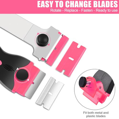 NECAMOCU 4 Pack Razor Blade Scraper, Includes 50 PCS Metal & Plastic Blades | Premium Razor Scraper Tool for Glass, Window, Cooktop, Countertop Cleaning & Sticker, Decal, Paint Removal (Pink) - color: Pink