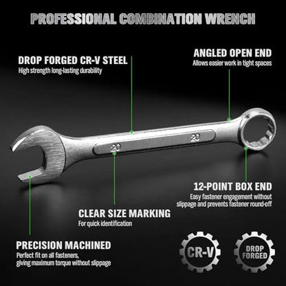 19-Piece Metric Combination Wrench Set, 6-24mm Standard Spanner Wrench Set, Mechanic Tool Sets with Rolling Pouch, Open End Wrenches for Household, Garage, Workshop, Auto Repairs - style: 19pcs Metric Combination