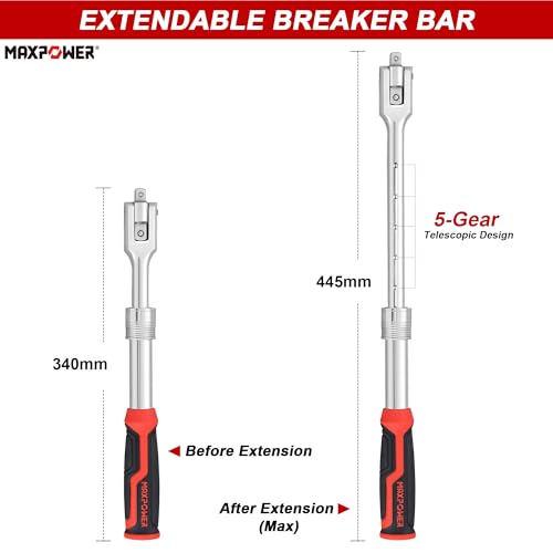 MAXPOWER Socket Wrenches Set, Extendable Ratchet Wrench 72-Tooth Reversible Ratcheting and 360 Flex Head Breaker Bar, Both Double Head 1/2" & 3/8" Drive