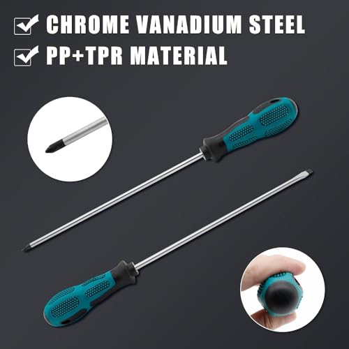Extra Long Phillips & Flat Screwdriver Set 300mm, Fixinus 12-Inch Long Flat Blade & Cross-Head Design, 6mm Tip Magnetic Screwdriver with Rubber Handle - color: Black & Green