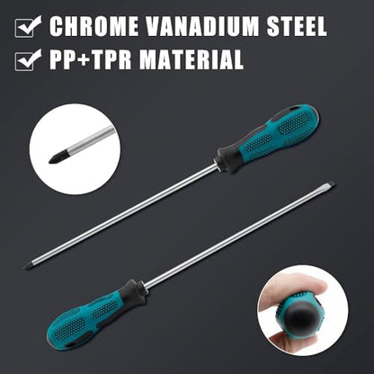 Extra Long Phillips & Flat Screwdriver Set 300mm, Fixinus 12-Inch Long Flat Blade & Cross-Head Design, 6mm Tip Magnetic Screwdriver with Rubber Handle - color: Black & Green