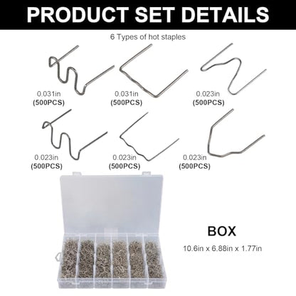 3000 PCS Plastic Welding Staples, 6 Types Hot Staples Welding Rods with Storage Box, Plastic Welding Wave Staples for Repair All Car Bumpers Plastic Cracks Plastic Handmade