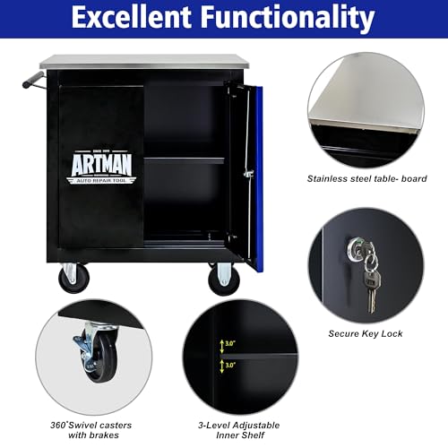 1 Cabinet Heavy Duty Rolling Tool Chest, Lockable Mobile Metal Tool Cart with Stainless Steel Worktop, Garage Tool Storage Cabinet for Workshop Auto Repair, Black & Blue, 30.7" H × 25.9" W - size: 1 Cabinet