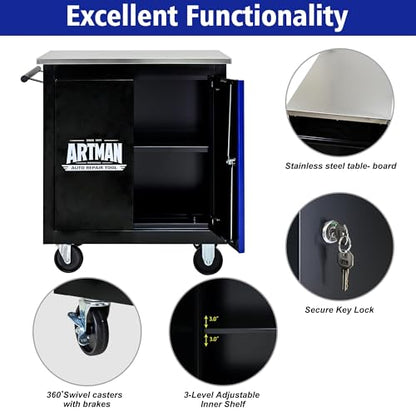 1 Cabinet Heavy Duty Rolling Tool Chest, Lockable Mobile Metal Tool Cart with Stainless Steel Worktop, Garage Tool Storage Cabinet for Workshop Auto Repair, Black & Blue, 30.7" H × 25.9" W - size: 1 Cabinet