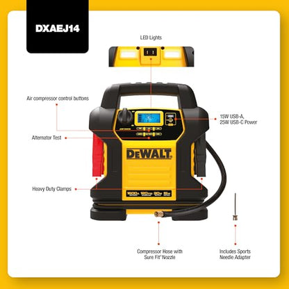 DEWALT Jump Starter DXAEJ14 1600 Amps with Compressor | Portable Power Station with 15W USB-A and 25W USB-C power