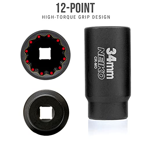NEIKO 02525A 34mm Socket | 1/2” Drive Deep Impact Socket | Spindle & Axle Nut Socket | 12 Point |Chrome Molybdenum Cr-Mo |Deep Well Hub | Triple Square | Axle Shaft Nut Remover - size: 34 mm (Single)