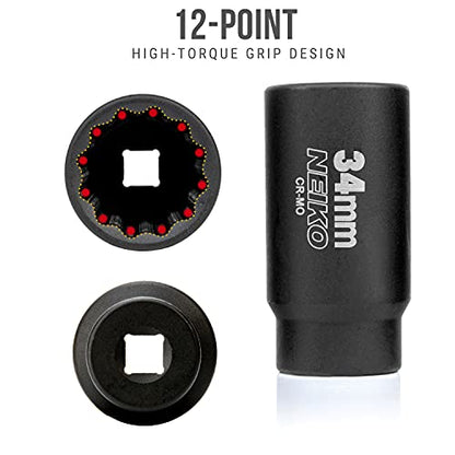 NEIKO 02525A 34mm Socket | 1/2” Drive Deep Impact Socket | Spindle & Axle Nut Socket | 12 Point |Chrome Molybdenum Cr-Mo |Deep Well Hub | Triple Square | Axle Shaft Nut Remover - size: 34 mm (Single)