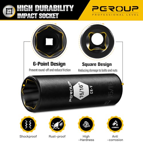 3/8” Drive Deep Impact Socket, SAE(15/16 Inch socket), 6-Point, Cr-V Steel With Black Manganese Phosphate Coating - size: 15/16-inch