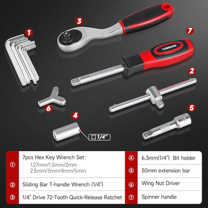 TOMMARS 130PCS Mini Ratchet Set,1/4 Inch Socket Ratchet Wrench Set | 72-Tooth Ratchet , S2 Steel Screwdriver Bits(PH, SL, T, HEX, PZ, SP, etc.), Cr-V Sockets, Hex Key Wrench Set, Extension Bars. - style: 130PC Mini Ratchet Set