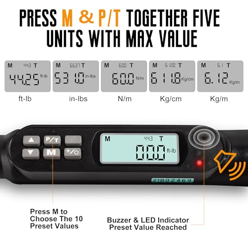 MULWARK 3/8" Digital Torque Wrench Electronic Set, with Buzzer & LED, 2.2-44.3 ft-lbs(3-60 Nm), High Precision Adjustable Bike Torque Wrenches Car Repairing Tool Calibrated with Storage Case - size: 3/8'' digital torque wrench, style: Alloy Steel