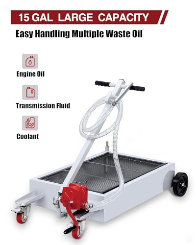GarveeTech Oil Drain Pan, 15 gal Low Profile Oil Drain Pan, Oil Change Pan with 8 ft Hose & Folding Handle, Rolling Oil Drain Cart for Cars, Trucks, Buses, RVs - color: White, size: 15GAL-Manual