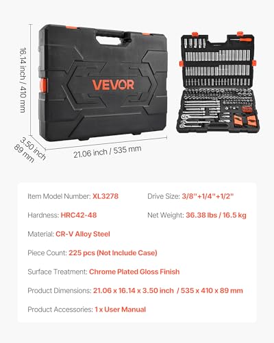 VEVOR Socket Set, 225 Pieces, 3/8 & 1/4 & 1/2 inch Drive Socket and Ratchet Set, SAE and Metric, Deep and Shallow, Mechanic Tool Kit with Bits, Accessories, Storage Case, CR-V Alloy Steel, for Repair - size: 1/4"&3/8"&1/2", style: 225 PCS