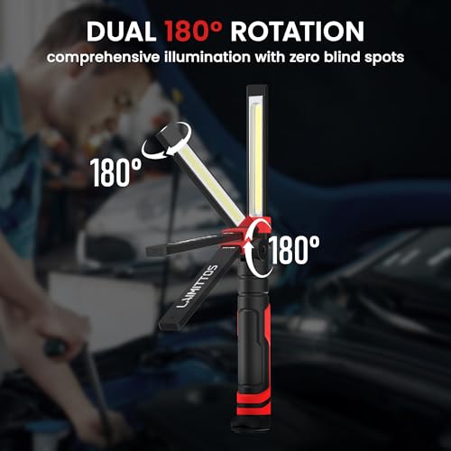 Rechargeable LED Work Light, Magnetic Flashlight Mechanic Light Tool for Men Him, Foldable Lamp with Hook for Car Repair Emergency BBQ Grill (2 Pack) - style: 350 Lumens+600 Lumens