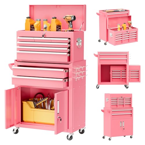 Superday Metal Tool Chest, 8 Drawer Rolling Tool Chest with Wheels, Detachable Tool Storage Cabinet with Lock for Garage, Steel Tool Cart with Liner & Hooks for Workshop, Warehouse (Pink) - color: Pink, size: 8 Drawer