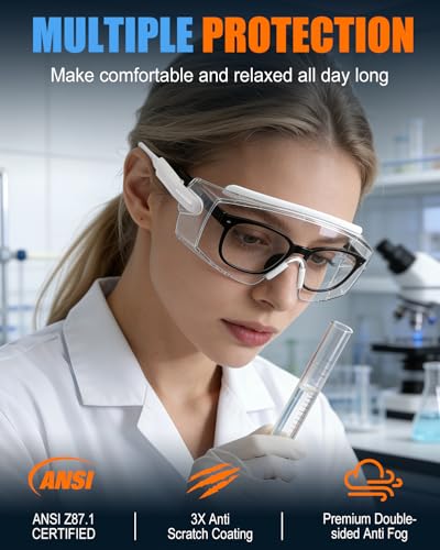 Clear Safety Glasses Over Eyeglasses — ANSI Z87.1 Certified Safety Goggles with UV380 Anti-Fog & Anti-Scratch Wraparound Lenses — Adjustable Temples with Anti-Slip Tips — Youth Men & Women - color: White