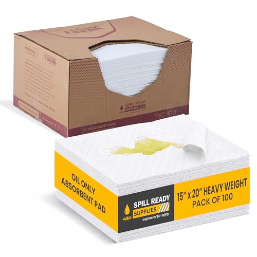 Spill Ready Oil Only Absorbent Pads 15" x 20" (100 Pack) - Heavy Weight Absorbs Up to 36 oz per pad - 3mm Oil Absorbent Pads - Hydrophobic Oil Spill Mat for Oil & Fuel Spills - White Sorbent Pads | Ideal for Marine, Industrial & Outdoor Use - color: 100 P