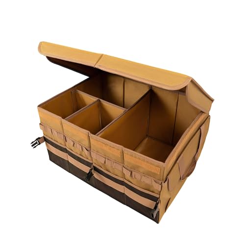Large 70L SUV Trunk Organizer, Trunk Organizer With Lid, Foldable Cargo Storage Box, Brown, 4-Compartments With Handle,Universal for Car Sedan Truck Camping Grocery Shopping Travel