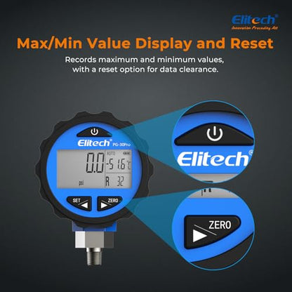 Elitech PG-30Pro Blue Refrigeration HVAC Digital Pressure Gauge -14.5-500 PSI 1/8'' NPT - size: -14.5-500 PSI, style: 1/8'' NPT