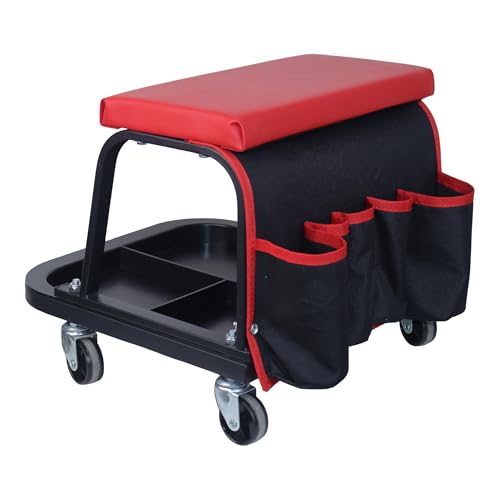 Rolling Mechanic Garage Stool on Wheels with Padded Cushion, Tool Tray Storage and Side Pockets, 300 LBS Capacity, Red - color: Red