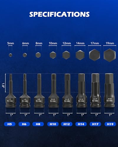 Orion Motor Tech Hex Allen Bit Sockets, 8pc 1/2" Drive Impact Allen Bit Socket Set with H5 H6 H8 H10 H12 H14 H17 & H19 Sockets, Cr-Mo Steel Impact Metric Allen Socket Set for Socket Head Cap Bolt - style: Hex Allen Bit Socket Set
