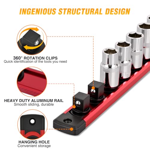 GOOACC Magnetic Socket Organizer 1/4" 3/8" 1/2" Socket Holder Set with 80 360° Swivel Clips Heavy Duty Aluminum Socket Rail Organizer for Tool Box Drawer, 6 Pieces Magnetic Drive Socket Rails Holders - size: Rail Magnetic 6PC 1/4"3/8"1/2" Red Black