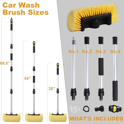 70" RV Wash Brush with Long Handle and 12" Soft Bristle Brush Head, Water Flow-Thru Truck Washing Brush with Hose Attachment for Cleaning Car, SUV, Boat, Camper, House Siding and Solar Panels - color: Yellow, size: 70"