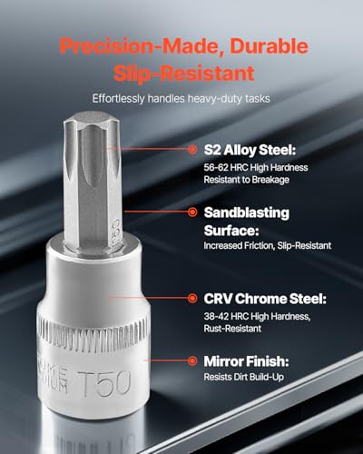 VEVOR Torx Bit Socket and External Torx Socket Set, 60-Piece T6-T70, TT6-TT70, TP8-TP60, E4-E24, S2 Alloy Steel and Cr-V Steel, 1/4 in, 3/8 in, and 1/2 in Drives, with Enhanced Storage Case, Hand Use - style: 60 PCS Torx & E-Torx