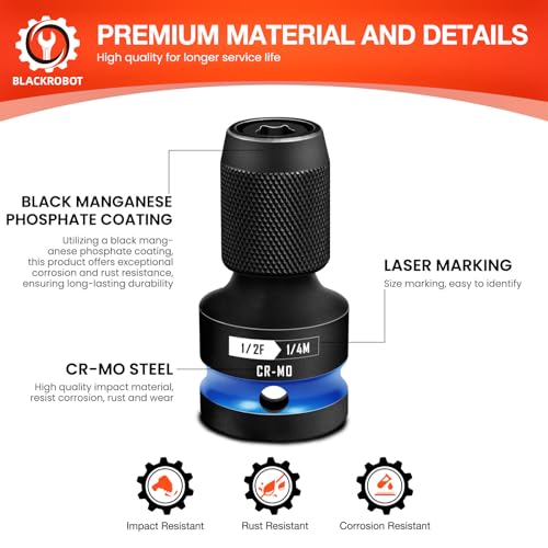 BLACKROBOT Quick Release Impact Bit Holders 1/2-Inch Square Drive to 1/4-Inch Hex Socket Adapter, CR-MO Steel, Blue - size: 1/2 Impact Bit Holder-1
