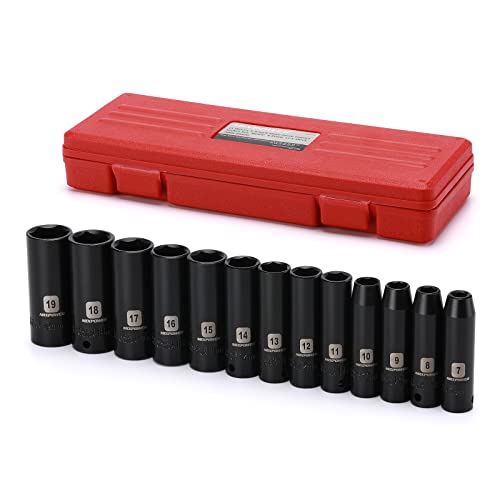 MIXPOWER 13 Pieces 3/8-Inch Drive Deep Impact Socket Set, 7mm to 19mm, CR-V, Metric, 6 Point, Deep, 13 Pieces 3/8" Dr. Socket - size: 9/32" - 3/4" (Deep)