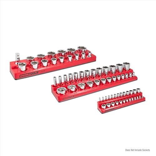 OEMTOOLS 3-Pc Magnetic Socket Organizer for 68 Deep & Shallow SAE Sockets | SAE Magnetic Socket Holder, Non-Marring Rubberized Base Socket Holders, Holds 1/4, 3/8, 1/2 Inch Sizes, Clearly Marked Sizes - style: 3Pc Red