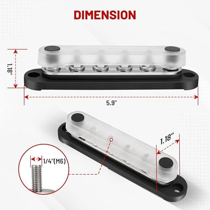 RED WOLF 150A 12V Bus Bar with Cover, Power Distribution Block 6 x 1/4" (M6) Studs Battery Busbar Terminal Junction Block 48V Car RV Boat Marine Solar System