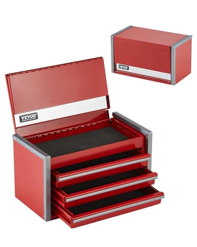 VEVOR Metal Tool Box, 8.6-inch, Portable Metal Tool Box with 3 Drawers, Small Tool Chest with EVA Liners and PP Feet Pads, Heavy-Duty Steel With Ball Bearing Opening and Powder Coated Finish, Red - size: 3 Drawers-Red