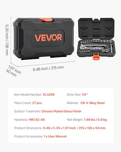 VEVOR Socket Set, 27 Pieces, 1/4 inch Drive Socket and Ratchet Set, SAE and Metric, Mechanic Tool Kit with Ratchet Wrench, Extension Bar and Storage Case, CR-V Alloy Steel, for Automotive Repair - size: 1/4", style: 27 PCS