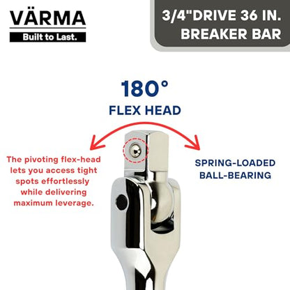 3/4” Drive 36-inch Breaker Bar with 180° Flex Head | High Alloy Steel Heavy-Duty Long Handle Torque Bar for Truck, Industrial, and Construction Applications - size: 3/4" Drive x 36"