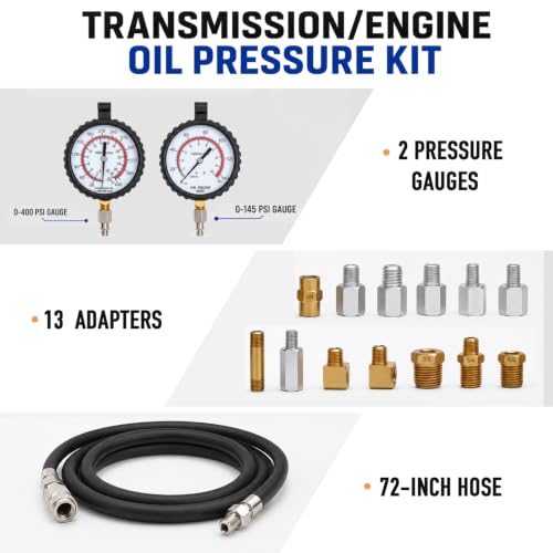 Transmission/Engine Oil Pressure KIT, Capable of Both Static and On-Road Testing, High/Low (0-400psi/0-100psi), 72" Hose, 13pc Adapters - size: Oil Pressure Kit