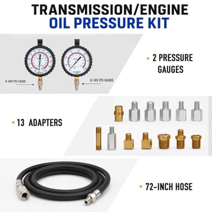 Transmission/Engine Oil Pressure KIT, Capable of Both Static and On-Road Testing, High/Low (0-400psi/0-100psi), 72" Hose, 13pc Adapters - size: Oil Pressure Kit