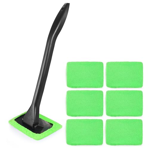 6PCS Windshield Cleaning Tool Car Window Cleaner with 5 Reusable and Washable Microfiber Pads and Extendable Handle Auto Inside Glass Wiper Kit Green (Green)