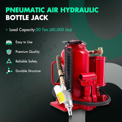 Pneumatic Air Hydraulic Bottle Jack with Manual Hand Pump 20 Ton (40 000 LBS) for Heavy Duty Auto Truck Travel Trailer Repair Lift Red Ideal for Car, Pickup, SUV, Industrial Engineering
