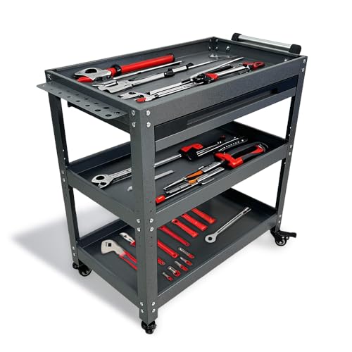 JZD 3 Tier Tool Cart on Wheels with Drawer & Screwdriver Holder, Metal Mechanic Rolling Cart for Garage Auto Repair Shop Factory Kitchen - size: 02