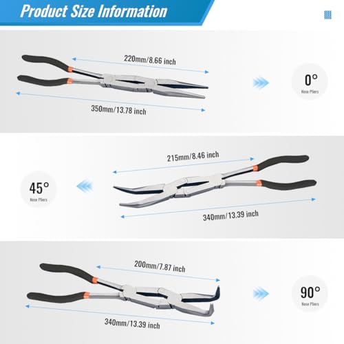 3-PCS 13” Double Jointed Long Needle Nose Pliers Set with Straight, 45°and 90° Bent Tips - Professional Thin-Nosed Enhanced Long Reach Pliers Suitable for Working in Narrow and Sharp Angles