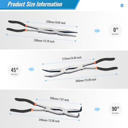 3-PCS 13” Double Jointed Long Needle Nose Pliers Set with Straight, 45°and 90° Bent Tips - Professional Thin-Nosed Enhanced Long Reach Pliers Suitable for Working in Narrow and Sharp Angles