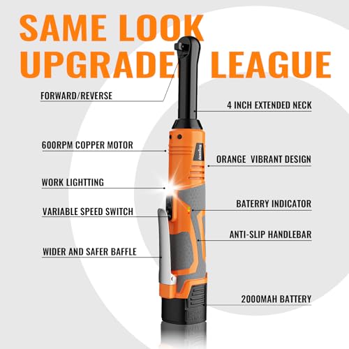 3/8" Electric Ratchet Wrench Set, Extended Long Neck Cordless Ratchet, 16V 45 ft-lbs Power Ratchet Kit, 600 RPM, 2 Batteries, LED, 9-Piece Accessory Set & Toolbox for Auto Repair
