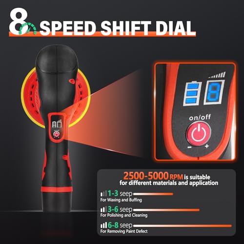 NIHAO - 5 Inch Cordless Car Buffer Polisher with 2PCS 12V 2000mAh Rechargeable Battery & Extra 15PCS Attachments, 8 Variable Speed Used for Car Detailing/Waxing