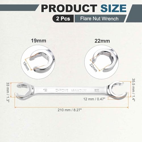 HARFINGTON 2 Pcs Flare Nut Wrench 19mm x 22mm Metric Double Open End Thick Spanner Mirror Polish Finish 45# Steel Brake Line Wrench For Fuel Tube Hose Transmission Line, Silver - size: 19mm x 22mm