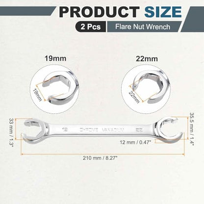 HARFINGTON 2 Pcs Flare Nut Wrench 19mm x 22mm Metric Double Open End Thick Spanner Mirror Polish Finish 45# Steel Brake Line Wrench For Fuel Tube Hose Transmission Line, Silver - size: 19mm x 22mm