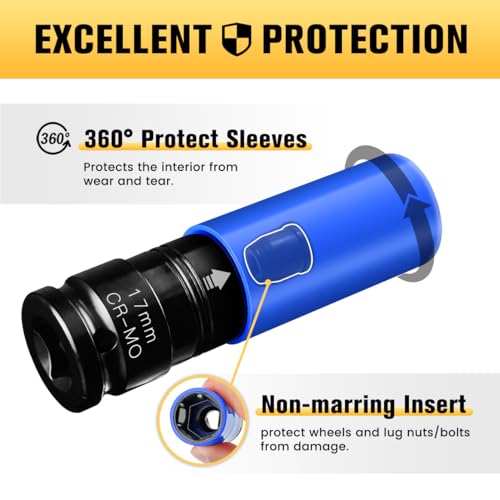 BOEN 17mm 1/2" Drive Wheel Protector Impact Socket, Non-Marring Lug Nut Thin Wall Deep Socket Set, Chrome-Molybdenum Steel, 6 Point, Color-Coded Protective Socket
